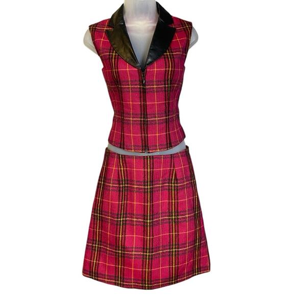 Vintage Y2K Cache Wool Plaid and Leather Vest and Skirt Set - Picture 2 of 5